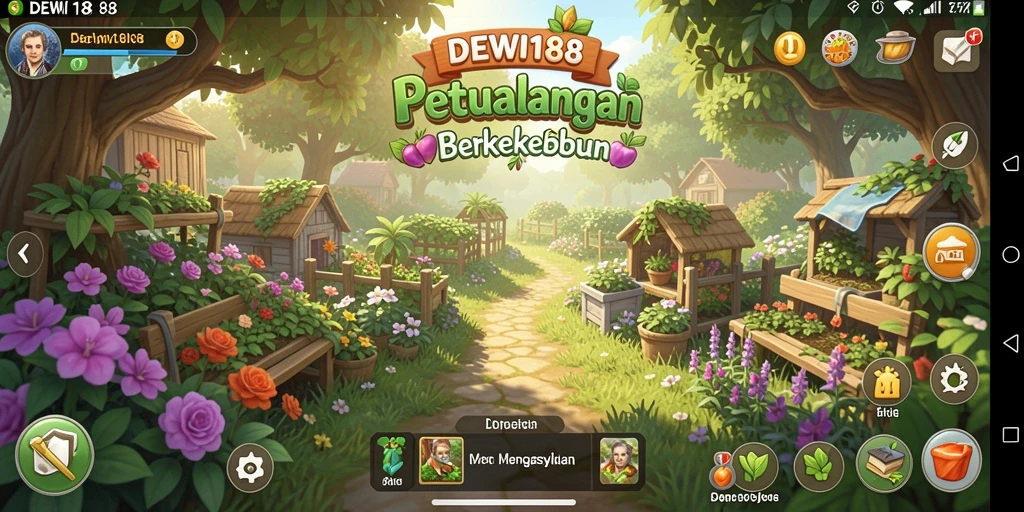 Screenshot permainan DEWI188 menampilkan kebun yang indah dan interaksi pemain.