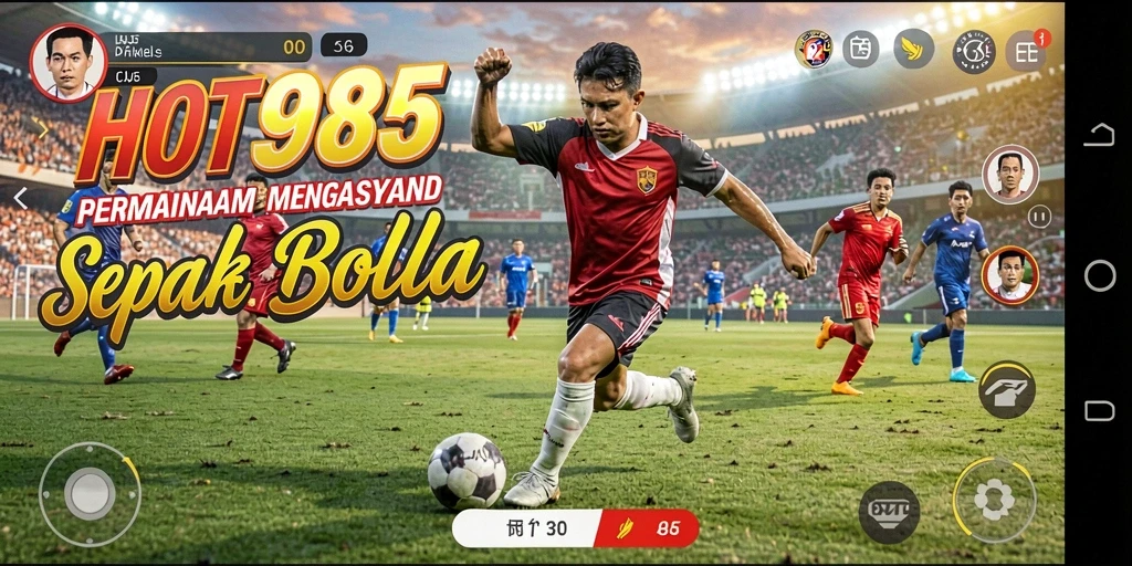 Screenshot gameplay menampilkan aksi seru di lapangan sepak bola.