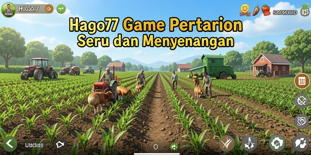 Tampilan gameplay HUGO77 menampilkan ladang yang hijau dan beragam tanaman.