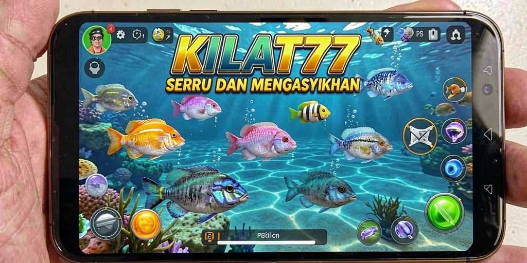 Tampilan gameplay KILAT77 saat menembak ikan di lautan.
