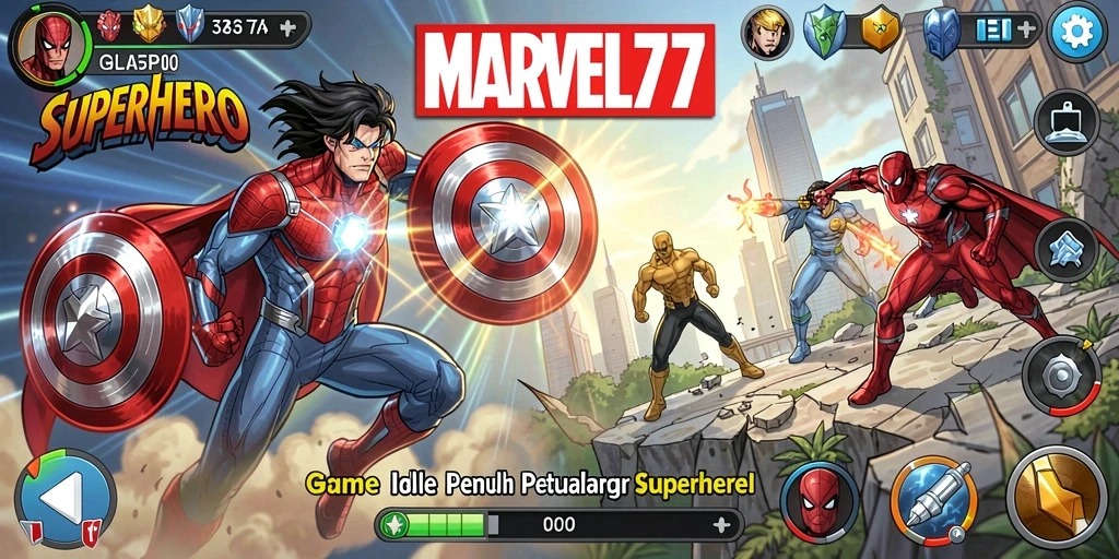 Tampilan gameplay MARVEL77 yang seru dengan karakter superhero yang beraksi.
