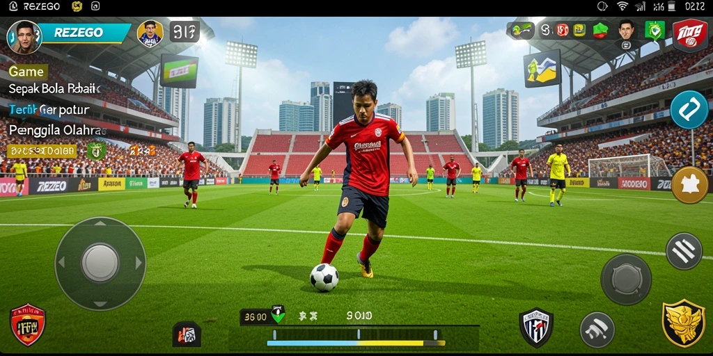 Screenshot gameplay REZEGO menampilkan aksi seru di lapangan sepak bola.